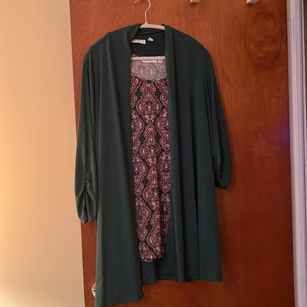 Susan Graver Dark Green Open-Front Cardigan with Paisley Inset